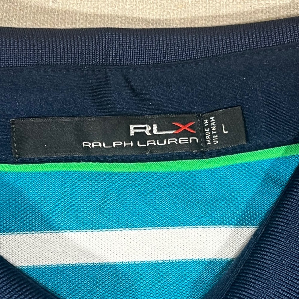 RLX Ralph Lauren Golf Polo Shirt Mens L Two-tone Striped Teal/Navy Blue/White - Picture 4 of 9